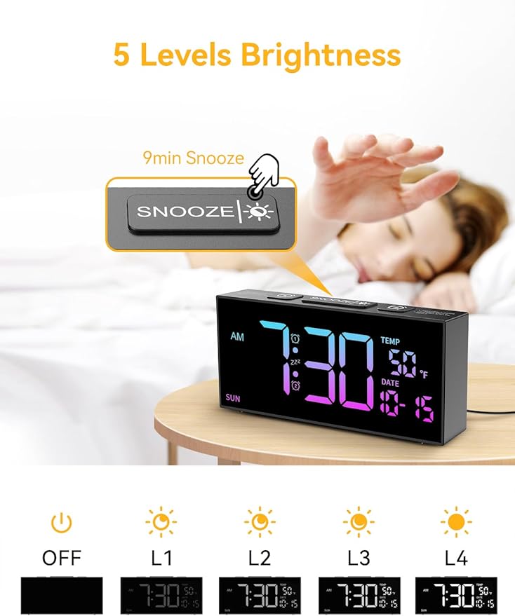Netzu Alarm Clocks for Bedrooms, Digital Clock with Date Temperature and Weekday, Manual DST, Snooze, 2 Alarms, 4 Volumes Bedside Desk for Living Room Home Bedside Desk (RGB)