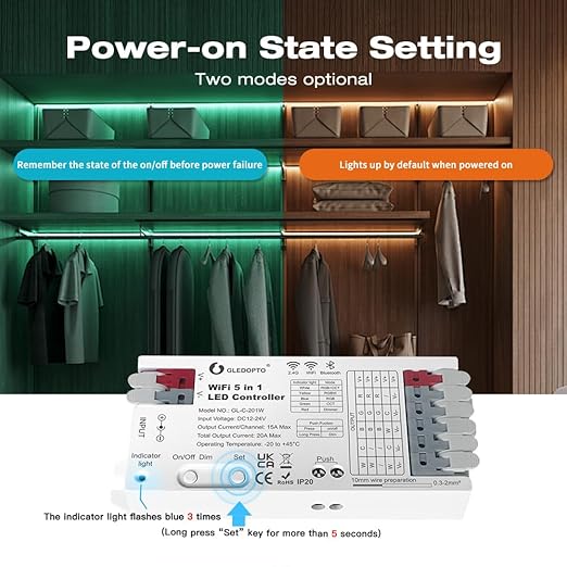 GLEDOPTO WiFi Bluetooth 5 in 1 LED Strip Controller DC12-24V 20A Current RGBCCT RGBW RGB CCT WWCW Dimmer Five Modes in One Work with Tuya Smart Life App Control for PWM Dimming Strip Light Easy Wiring