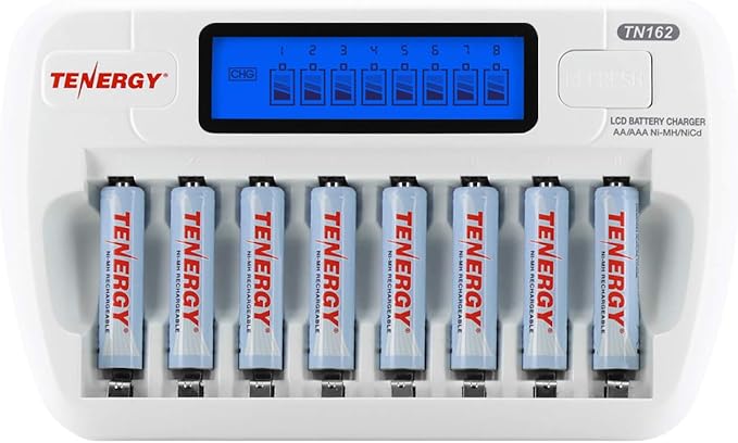 Tenergy Rechargeable Battery and Charger Combo TN162 - 8-Bay Smart AA/AAA NiMH/NiCd Charger + 8 pcs AAA NiMH Rechargeable Batteries