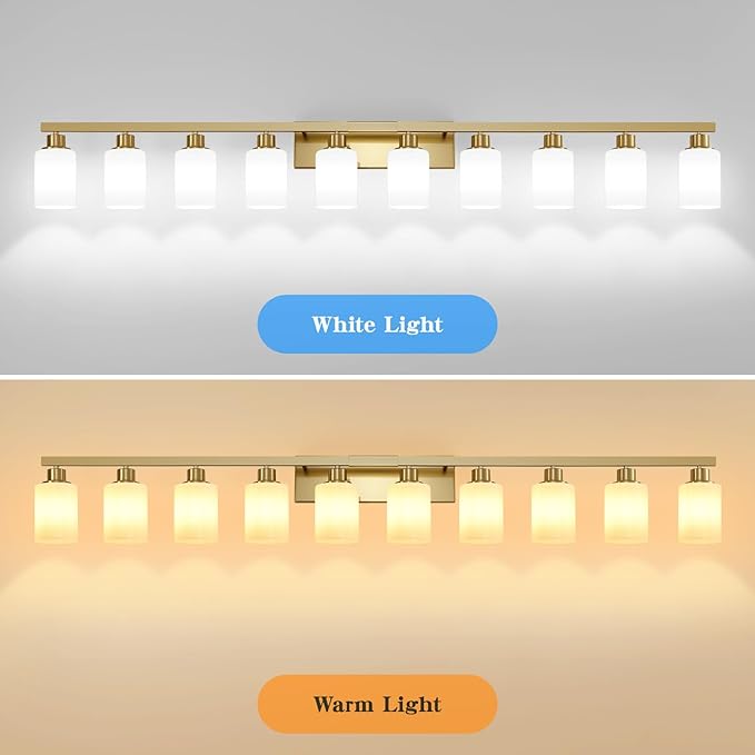 DIKAIDA Gold Bathroom Vanity Light,10-Light Brushed Gold Bathroom Light Fixtures with White Frosted Glass,64.5in Wall Lamp Sconces for Mirror Bedroom,Living Room Hallway,E26