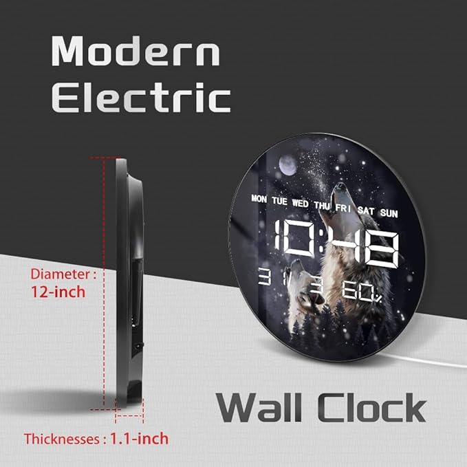 Timethink 12'' Full Moon Howling Wolves Digital Wall Clock Large Display, Forest Wildlife Wolf Decor Electric Wall Clock Auto-Brightness, Temperature, 12/24hr, Date, USB Powered for Man Cave Bedroom