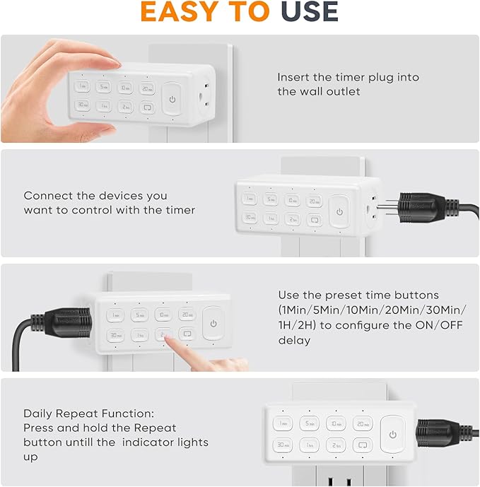 TOPELER Countdown Digital Timer Outlet, Plug-in Timer for Electrical Outlets with Repeat Function, Manual Override, Up to 4H Auto Shut Off Switch for Indoor Lamp, Fan, Aquarium, 1875W, ½ HP, 4 Pack