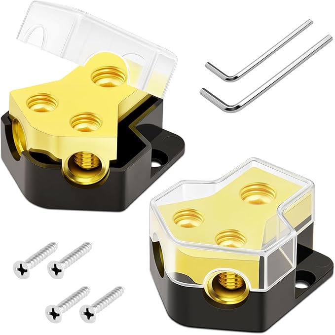 Bolipoeq 12V Power Distribution Block Car Audio 2 Way 0/2/4 Gauge in 4/6/8 Gauge Out, Quality Ground Distribution Block 12 Volt Amp Distribution Block Splitter for Automotive Car Marine Boat (2 Pack)