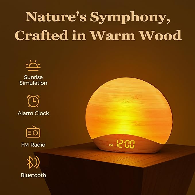 REACHER Sunrise Alarm Clock with Bluetooth Speaker & FM Radio, Gradual Wake Up Light, Digital Dimmable Clock, Bedroom Lamps, 8 Color Night Lights, Home Decor, Wood Clock for Adult, Kid