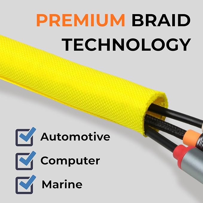 HOLED 3/16 inch Split Braided Cable Management Sleeve for USB Cable Power Cord Audio Video Cable, Wire Loom Cord Protector from Cat Dog Chewing (Yellow, 25FT)