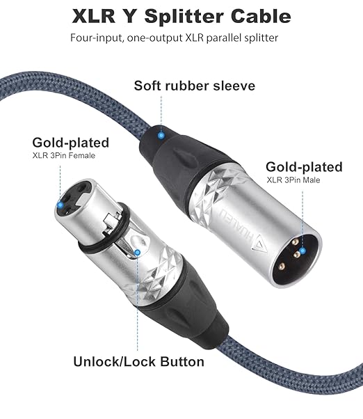 HUALEU 3Pin XLR 1 Male to 4 Female Splitter Cable 2Feet,4WAY XLR Four-Input and one-Output Parallel Connection Adapter,4 Microphone inputs Converted to 1 Output,4 in to 1 Out Aduio Splitter Cable