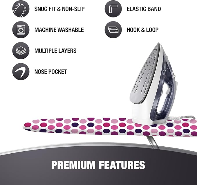 COTTY HOME Extra Thick Ironing Board Covers with Pad Standard Size 15x54, Heat Reflective Full Scorch Resistant Padding, Snug Fit Non-Slip Nose Pocket Fastener Straps Elastic Edges, Polka Dots