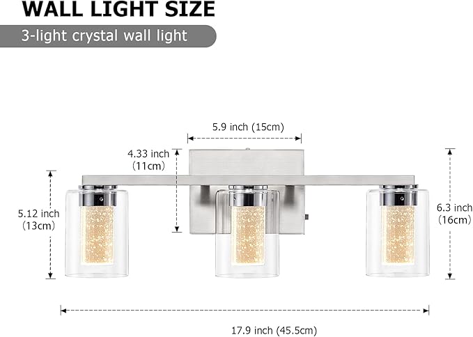 SADENICEL Brushed Nickel Vanity Lights, 3-Light Bathroom Light Fixtures, Crystal LED Bathroom Lights Dimmable White/Neutral/Warm Light with Clear Glass Shade for Bathroom Bedroom Hallway Lighting