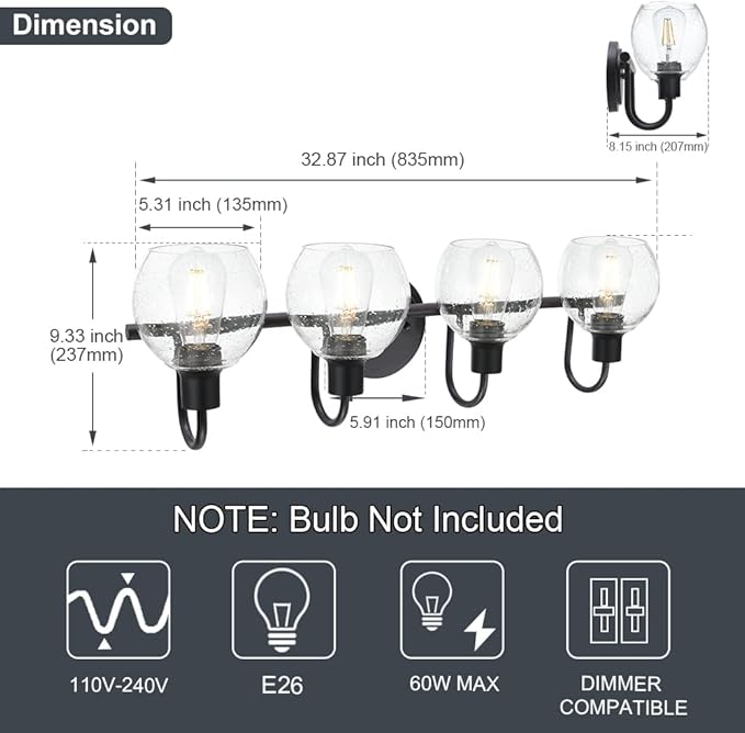 WINSHEN 4-Lights Contemporary Bathroom Light Fixtures Over Mirror with Seeded Globe Glass Shades, Black Rustic Vanity Wall Lighting for Bedroom Dressing Cabinet