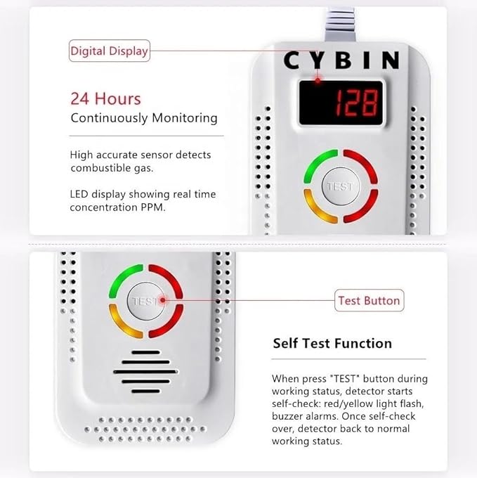 CYBIN Natural Gas Leak Detector for Home, Battery Operated Propane Gas Detector with Solenoid Valve 1/2 inch, Automatic Gas Detector for LPG Methane Propane Butane in Kitchen and RV