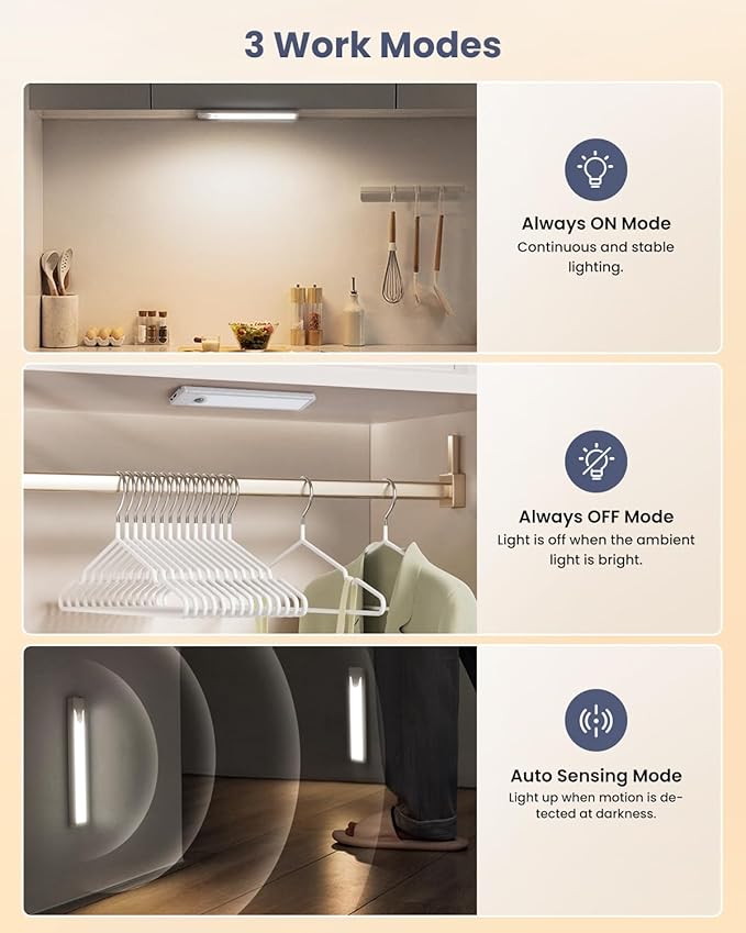 Pak 16 Inch Under Counter Cabinet Lighting, 83 LED Battery Operated Motion Sensor Light, Dimmable Closet Lights, USB Rechargeable, Wireless Magnetic Under Counter Light for Kitchen, Bathroom, 2 Packs
