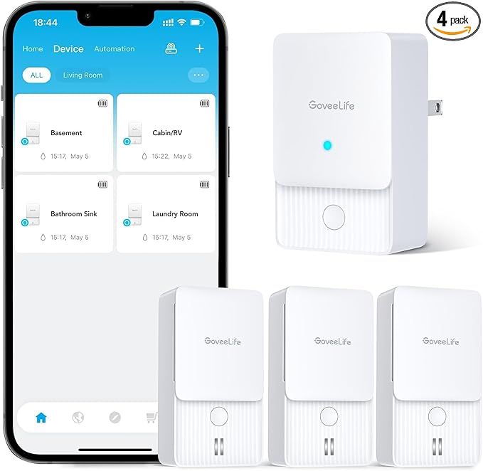 GoveeLife Premium Smart Water Leak Detector 2 with 1968ft Ultra-Long Range, WiFi Water Sensor with SMS/Email/APP Push and Sound Alarm, 5-Year Battery Life, Suitable for Home, Basement, Kitchen, 3 Pack
