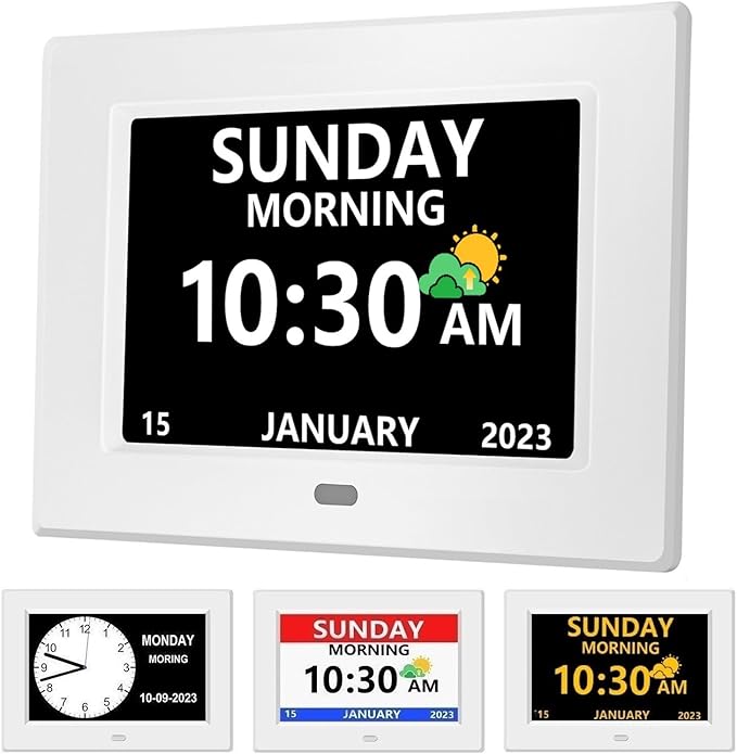 MRCHYDZ 7 Inch Clock with Day and Date for Elderly Large Display Digital Clocks 12 Alarm 3 Display Modes Large Font Alzheimer's Clock Alarm Clocks for Seniors Auto DST White