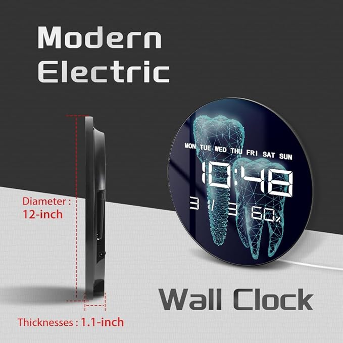Timethink 12'' Molar Tooth Digital Wall Clock Large Display, Dental Clinic Electric Wall Clock Medical Dentist Clock with Temperature, Automatic Dimming, Date, 12/24hr Format for Dental Office Decor