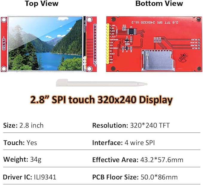 Hosyond 2.8 Inches TFT LCD Touch Screen Shield Display Module 320x240 SPI Serial ILI9341 with Touch Pen Compatible with Arduino R3/Mega2560 Development Board