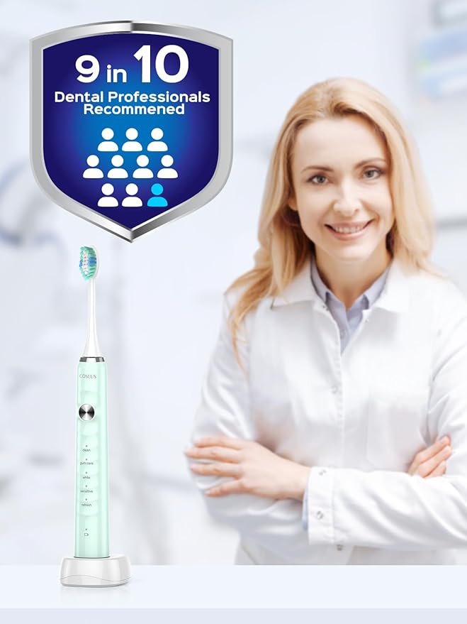 COSLUS Sonic Electric Toothbrush for Kids & Adults: 47000 VPM for Deep Cleaning & Whitening with Travel Case - 5 Modes for Sensitive Teeth & Braces, Wireless Charging, 6 Brush Heads, Green (1PC)