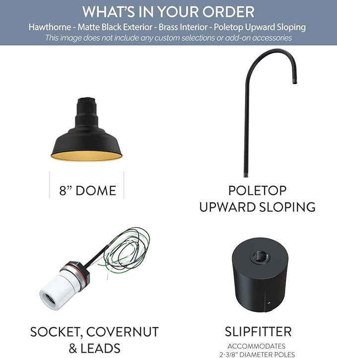 Steel Lighting Co. Hawthorne Light | Outdoor Pole Top Mounted | 8" Dome | Upslope Gooseneck with Slip Fitter for 2-3/8" Standard Poles | Made in America | Matte Black Exterior/Brass Interior