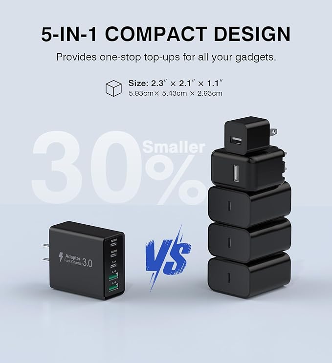 [2-Pack] USB C Wall Charger, 60W Type C Charger Block 5-Port Fast Charging Blocks,3USB C+2USB A Multiport Plug,PD Power Adapter Brick Cube for iPhone 17/16/15/14/13/Pro,iPad,Samsung,for Switch（Black）