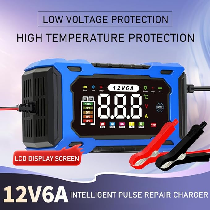 6-Amp 12V Smart Car Battery Charger, Battery Maintainer Trickle Charger with Desulfator, Pulse Repair & Overcharge Protection - for Car Lawn Mower Marine Lead-Acid Batteries (Blue)