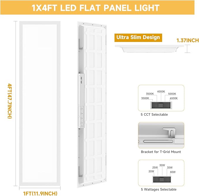 2 Pack 1x4 LED Flat Panel Light Drop Ceiling Office Fixture,Surface Mount Drop Ceiling Fixture,5040LM, 20W/25W/30W/35W/40W Selectable,3000K/3500K/4000K/5000K/6500K 5CCT,Dimmable (0-10V),ETL Listed