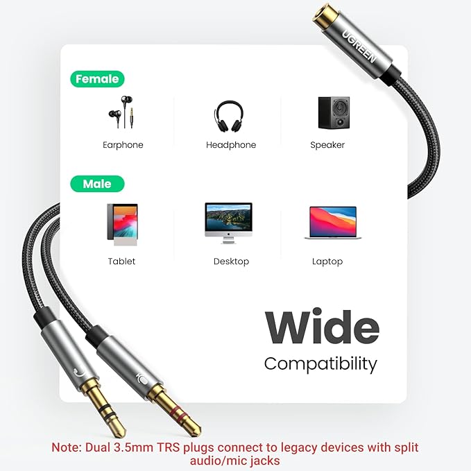 UGREEN Headphone Splitter for Computer 3.5mm Female to 2 Dual 3.5mm Male Braided Audio Splitter Cable Microphone Stereo Jack Earphones Port Cord Gaming Headset to PC Laptop Adapter Black