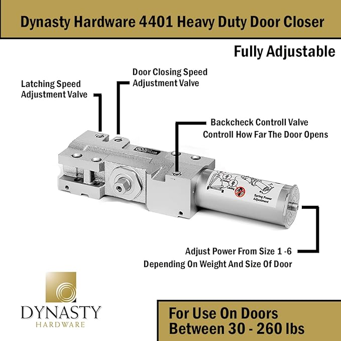 Dynasty Hardware Door Closer, Grade 1 Heavy Duty Commercial Hydraulic Closer & Hold Open Arm, Self-Closing, Adjustable Spring Size 1-6, ADA Compliant, Surface Mount, Sprayed Aluminum, Series 4401