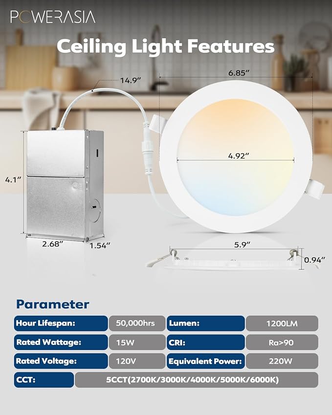 POWERASIA 24 Pack Recessed Lighting 6 Inch with Junction Box, 5CCT 6 Inch LED Recessed Lights Dimmable 2700K-6000K, 15W 1200lm Ultra Thin Recessed Lighting - ETL and Energy Star
