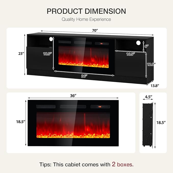YISUFO 70" TV Stand with 36" Electric Fireplace, Large Modern Media Entertainment Center with Storage Cabinet and 12 Colors LED Lights for TVs Up to 80"