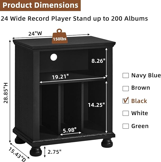 Joaxswe Record Player Stand with Vinyl Record Storage, 24" Wide Mid-Century Record Player Table Up to 200 Albums,Large Wood Turntable Stand Cabinet Dispaly Shelf for Living Room,Bedroom,Black