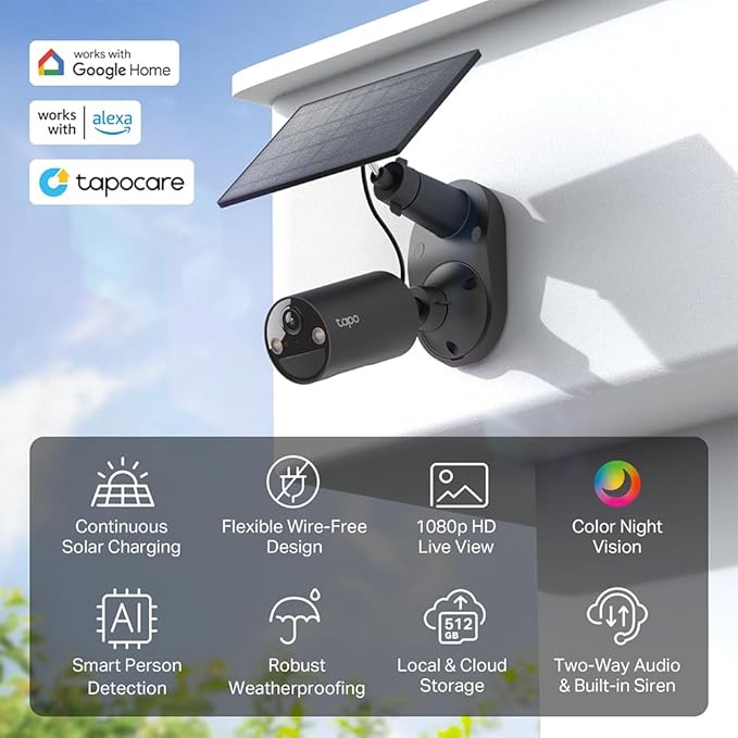 Tapo SolarCam 1080p Outdoor Wireless Security Camera - Battery Power with Solar, Person Detection, Subscription-Free Local Storage or Optional Cloud, Works with Alexa & Google Assistant, C403 KIT