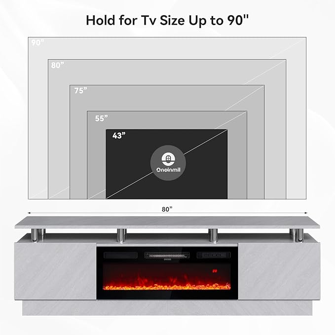 oneinmil Fireplace TV Stand with 36” Electric Fireplace, 80” 2 Tier TV Console Stand for TVs Up to 90", LED Light Entertainment Center, Fireplace for The Living Room TV Stand, Gray