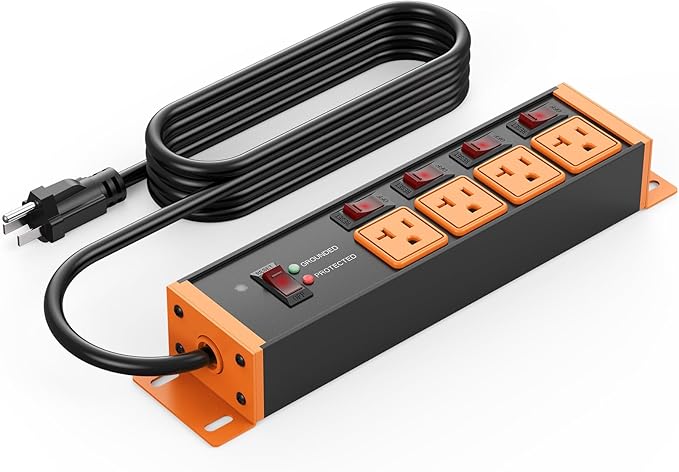 CCCEI Heavy Duty Surge Protector Power Strip 20 Amp Individual Switches. 10FT 12 Gauge Extension Cord with Multiple Outlets. Kitchen, Garage, Shop, Industrial Wall Mount Electric Extender, Orange.