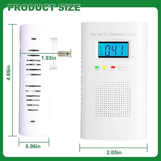 Combination Gas and Carbon Monoxide Detector Plug-in | CO Alarm & Natural Gas Combustible Detector | Digital Display, Battery Backup, Easy Install | for Home Kitchen Safety Monitoring 2-Pack