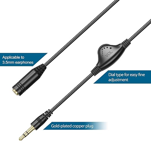 PChero 3.5mm Headphone Extension Cables, 2pcs 3.5mm Male to Female Stereo Audio Extension Cord with Volume Adjustment Control for Smartphone Tablets MP3 Players - 10inch