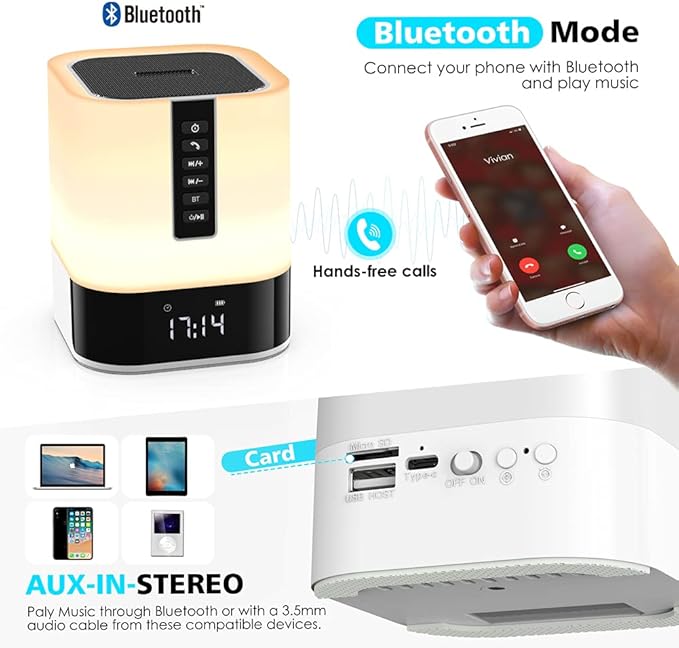 Hetyre Night Light Bluetooth Speaker, 5 in 1 Touch Control Bedside Lamp Dimmable Multi-Color Changing, Bedroom Alarm Clock, Best Birthday Gift Ideas for 10 11 12 13 14 Year Old Teenage Girls/Boys
