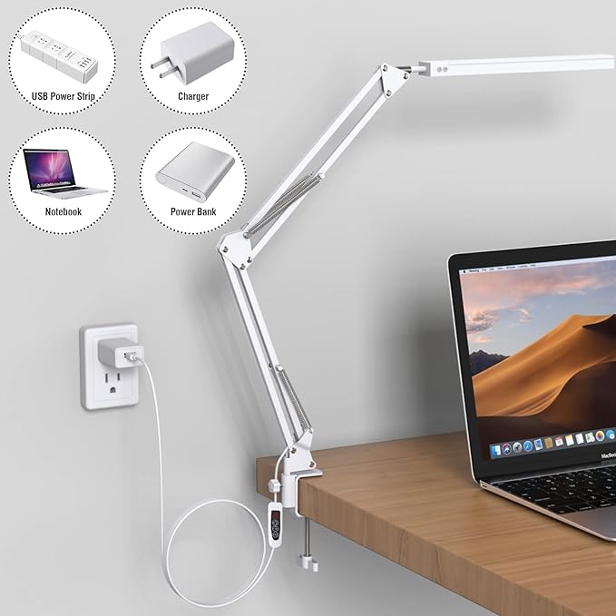 TROPICALTREE LED Desk Lamp for Home Office, Clamp-On with 3 Light Modes | 14W Adjustable Brightness 5000K Eye-Caring Lighting for Study/Bedroom/Computer Desk (White)