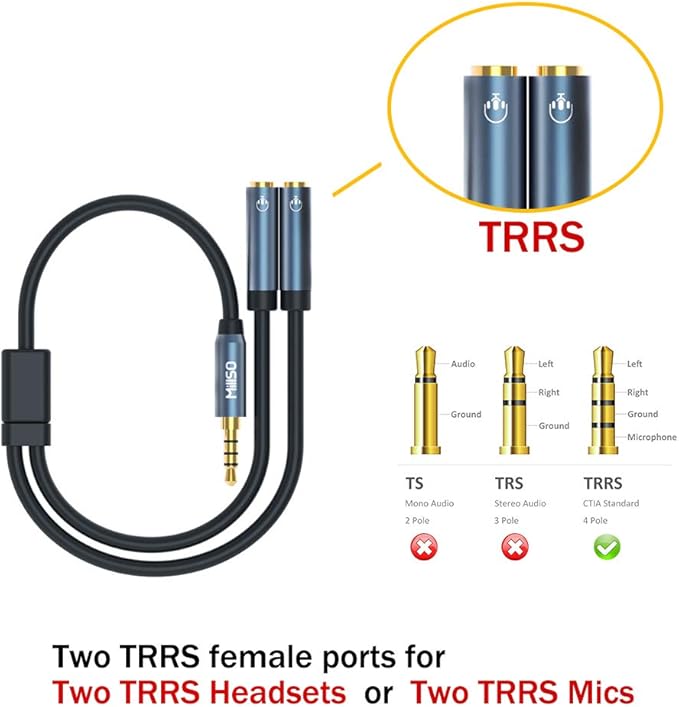 MillSO Headset Splitter for 2 TRRS Headphones or Mics 3 Feet 3.5mm Jack Adapter TRRS 4-Pole Splitter Male to Dual Female Adapter Compatible for 2 Headsets, Microphones to Mobile Phone, Laptop