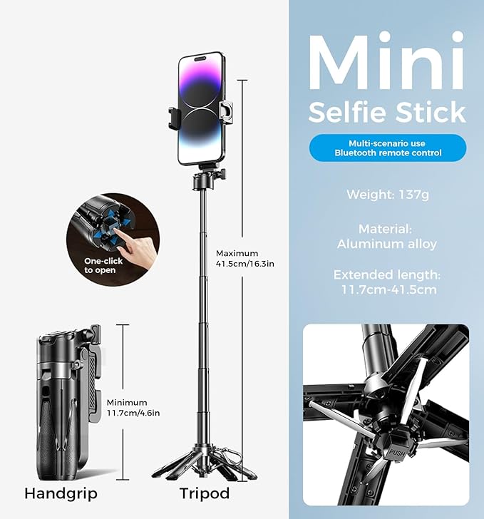 MAGIC JOHN Phone Tripod, Portable Selfie Stick, Pocket Size Tripod for iPhone, Selfie Stick with Detachable Remote Control & 2 Fill Light for Photograph, Live Streaming, Video Recording