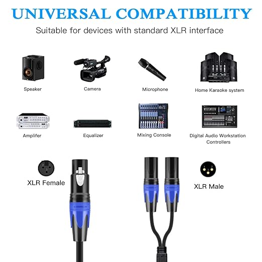 Seefeful (11.8 Inches / 2 Pack) XLR Splitter Cable, 1 Xlr Female to 2 Xlr Male Patch Y Cable, Balanced Microphone Splitter Cord Audio Adaptor