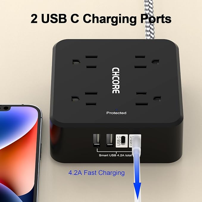 Surge Protector Power Strip - CHCORE 10Ft Braided Extension Cord with 8 Outlets with 4 USB (2 USB C) Charging Ports, Flat Plug Multi Plug Outlet Extender Charging Station for Home Office, ETL, Black