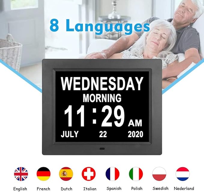 ybest Extra Large Day Date Time Digital Day of Week Clock 8 Alarm Option for Seniors Elderly with Impaired Vision Memory Loss Demenita Clocks