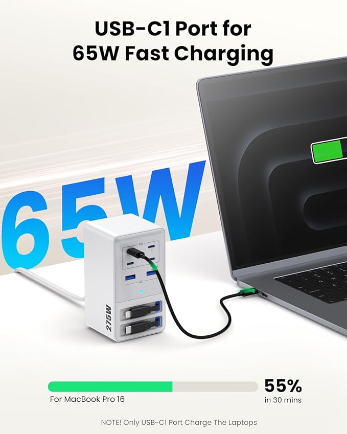 USB C Charger 275W Charging Station with Retractable Dual Cables,Upgraded 8-in-1 GaN IV Fast Charging Hub Block+PD QC PPS 65W Laptop Adapter for MacBook Pro/Air,iPad,iPhone 17/Pro,Galaxy S24,Dell