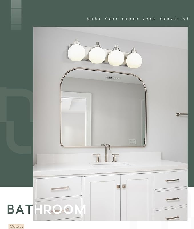METWET Bathroom Light Fixtures, 4 Light Brushed Nickel Vanity Light, 26 Inch Modern Wall Sconces with Globe Milk White Glass Shade, Vanity Lighting Fixtures Over Mirror, VL195-BN-ML-4