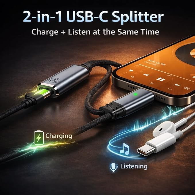 Mizi 2025 Upgraded USB C Splitter Adapter – 100W Fast Charging & Audio Dongle with Dual USB C Ports for iPhone 16/15, iPad, MacBook, Galaxy S24/S23, Pixel & More – Grey