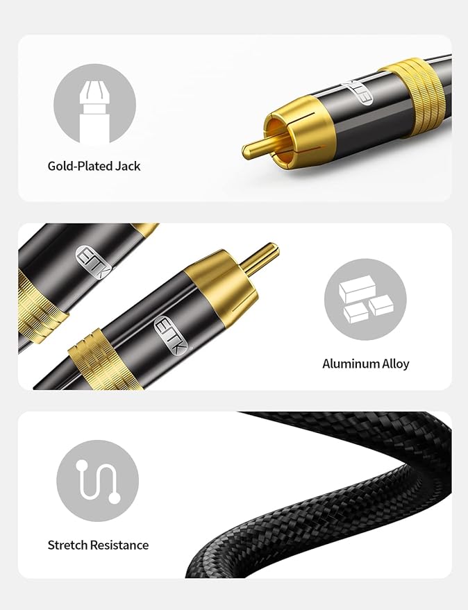 Subwoofer Cable,EMK Digital Coaxial Audio Cable [24K Gold-Plated, Durable Cotton] Premium S/PDIF RCA Male to RCA Male for Home Theater, Soundbar,Speaker,HDTV, Subwoofer, Hi-Fi Systems (Black-6.6ft/2m)