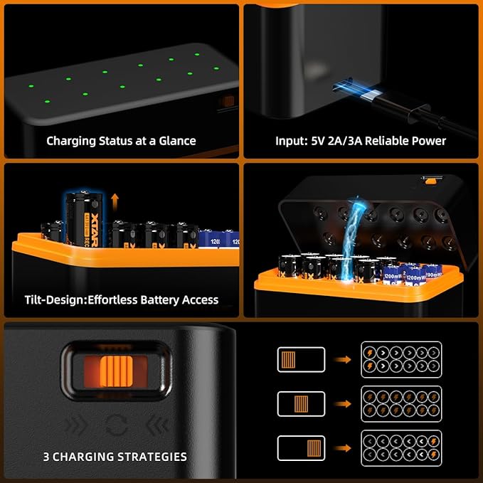 XTAR aa Rechargeable Batteries with Charger LC12 Lithium Double a Batteries 1.5V 3600mWh AA 1200mWh AAA Kit (Charger+8AA+4AAA)