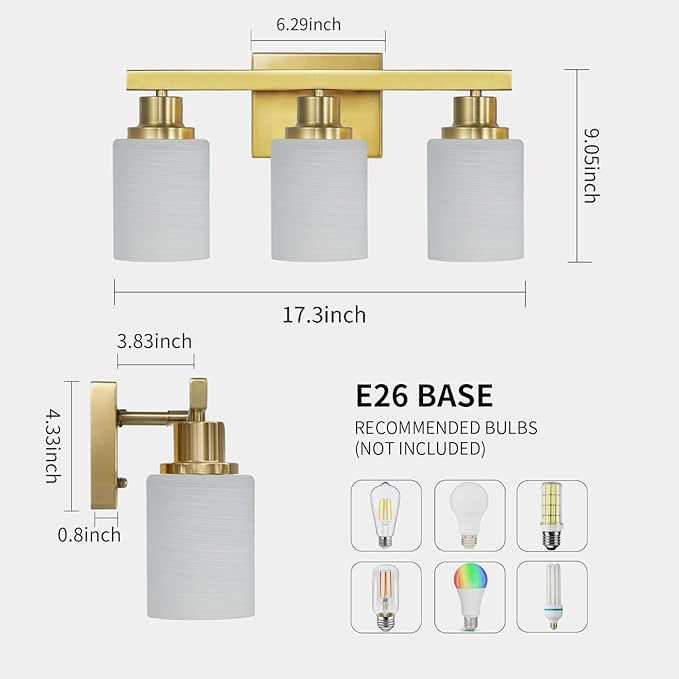 DIKAIDA 3-Light Gold Bathroom Light Fixtures, Modern Vanity Light with Milky White Glass Shade, Gold Wall Lamp Sconces for Mirror, Bedroom, Living Room, Hallway