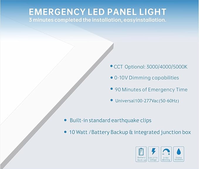 2X4 LED Flat Panel Light with Emergency Battery Backup, 50W 3000K/4000K/5000K, 0-10V Dimmable, 6500 Lumens, LED Drop Ceiling Lights, 100-277V, DLC UL Listed, Ultra Thin Back-Lit (12 Pack)