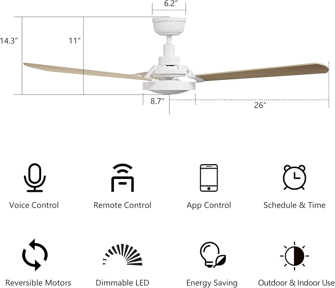 SMAAIR 52 Inch Smart Wifi Ceiling Fans with Dimmable LED Lights and Remote, Compatible with Alexa/Google Home/Siri/APP, Outdoor DC Fans with 10 Speeds, Timer/Schedule,Light White