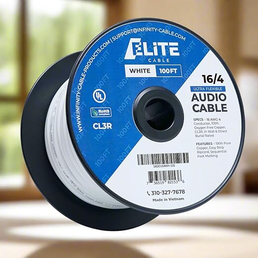 Elite 16/4 Speaker Wire 100ft, UL Listed, CMR/CL3R, (Riser/In-Wall & Outdoor/In-Ground (Direct Burial)- 100% Oxygen Free Pure Bare Copper (OFC), 16AWG/4-Conductor, 100ft Bulk Cable (65 strands), White